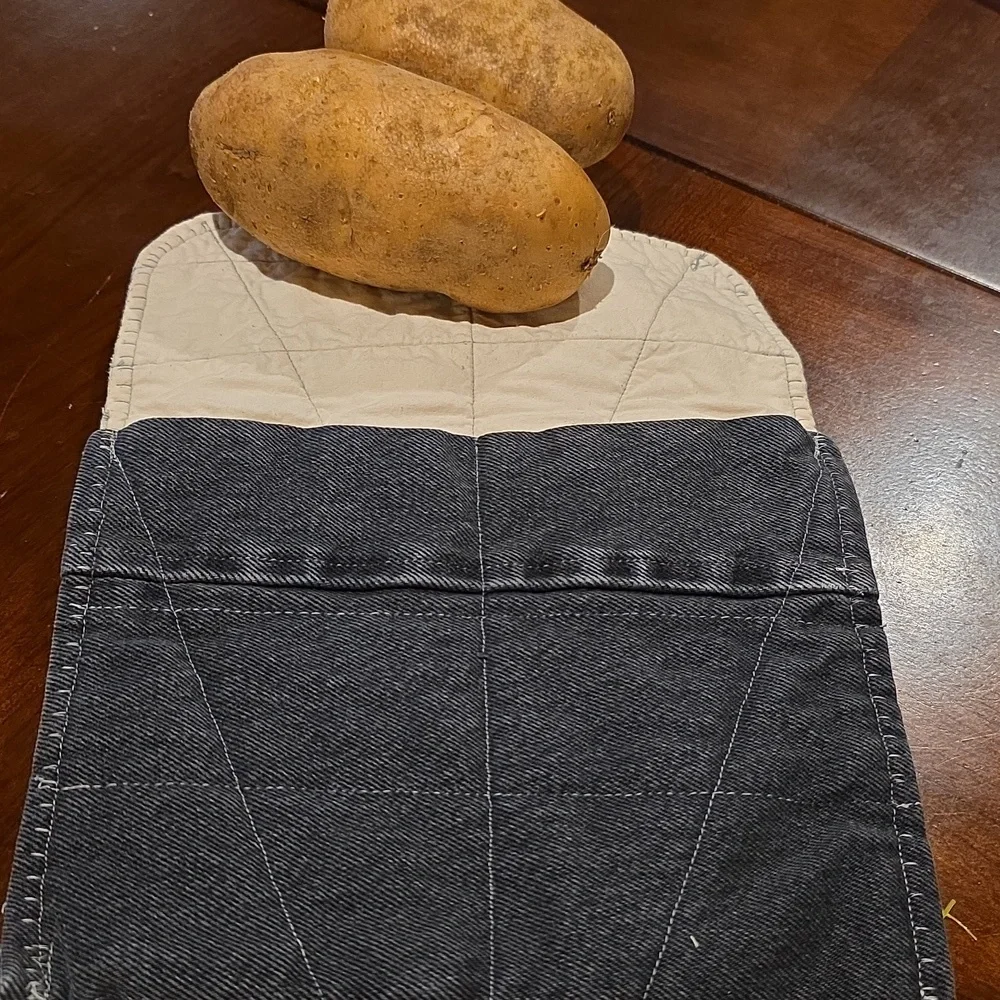 HAND CRAFTED Potato Pouch Microwave UPCYCLED Black Denim AEROSMITH 8 Inch
